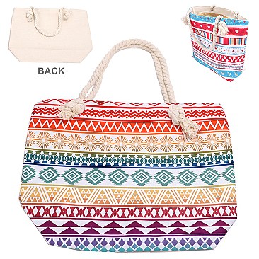 Aztec Print Canvas Rope Handle Shopper Tote