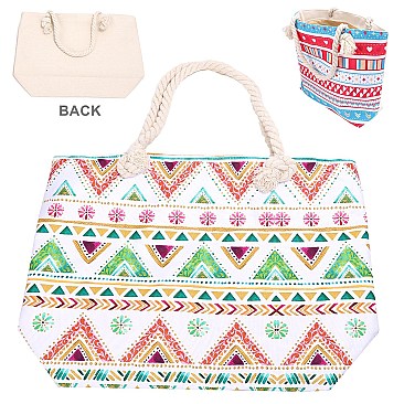 Aztec Print Canvas Rope Handle Shopper Tote