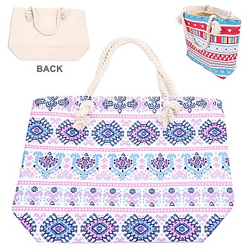 Aztec Print Canvas Rope Handle Shopper Tote