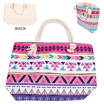 Aztec Print Canvas Rope Handle Shopper Tote