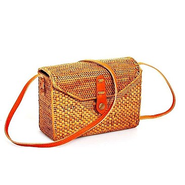 RECTANGULAR NATURAL FIBER WOVEN CROSSBODY BAG