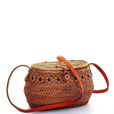 CUTE NATURAL STRAW WOVEN BUCKET CROSSBODY BAG