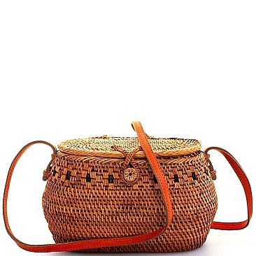 CUTE NATURAL STRAW WOVEN BUCKET CROSSBODY BAG