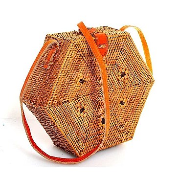 STYLISH HEXAGONAL NATURAL FIBER WOVEN CROSSBODY BAG