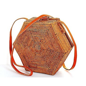 STYLISH HEXAGONAL NATURAL FIBER WOVEN CROSSBODY BAG