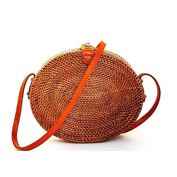 OVAL NATURAL FIBER WOVEN CROSSBODY BAG