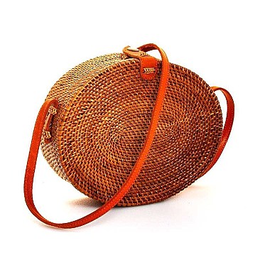 OVAL NATURAL FIBER WOVEN CROSSBODY BAG