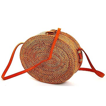 OVAL NATURAL FIBER WOVEN CROSSBODY BAG