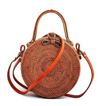 ROUND NATURAL FIBER WOVEN CROSSBODY BAG