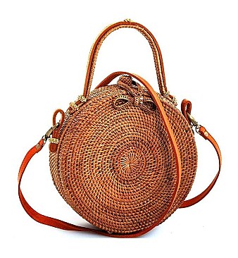 ROUND NATURAL FIBER WOVEN CROSSBODY BAG