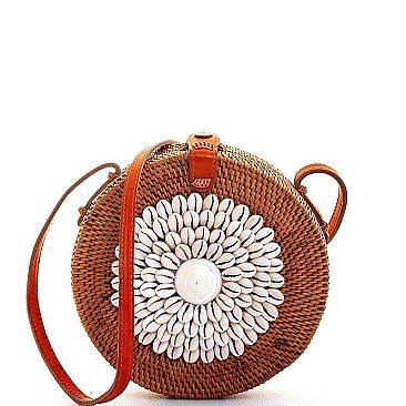 DESIGNER SEA SHELL NATURAL WOVEN CIRCLE CROSSBODY BAG