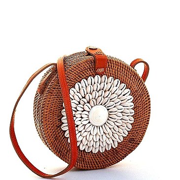 DESIGNER SEA SHELL NATURAL WOVEN CIRCLE CROSSBODY BAG