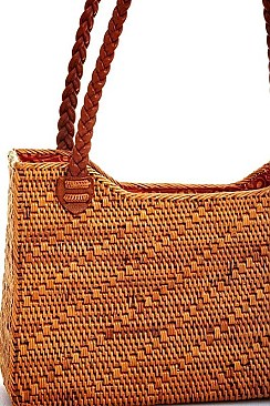 DESIGNER NATURAL FIBER WOVEN RECTANGLE TOTE BAG