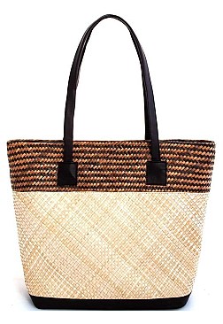 TRENDY TWO TONE NATURAL FIBER WOVEN TOTE BAG