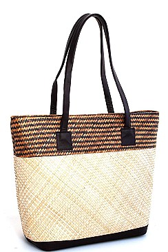 TRENDY TWO TONE NATURAL FIBER WOVEN TOTE BAG