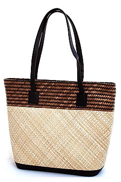 TRENDY TWO TONE NATURAL FIBER WOVEN TOTE BAG