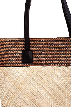 TRENDY TWO TONE NATURAL FIBER WOVEN TOTE BAG