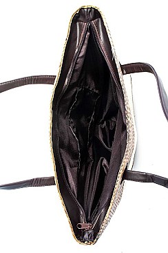 TRENDY TWO TONE NATURAL FIBER WOVEN TOTE BAG