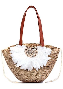 STYLISH NATURAL FIBER WOVEN FEATHER AND SEA SHELL SHOPPER