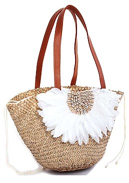 STYLISH NATURAL FIBER WOVEN FEATHER AND SEA SHELL SHOPPER