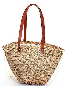 STYLISH NATURAL FIBER WOVEN FEATHER AND SEA SHELL SHOPPER