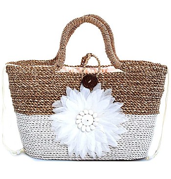 TWO TONE NATURAL FIBER WOVEN CHIC SHOPPER