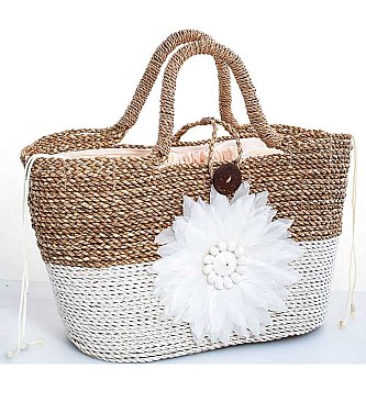 TWO TONE NATURAL FIBER WOVEN CHIC SHOPPER