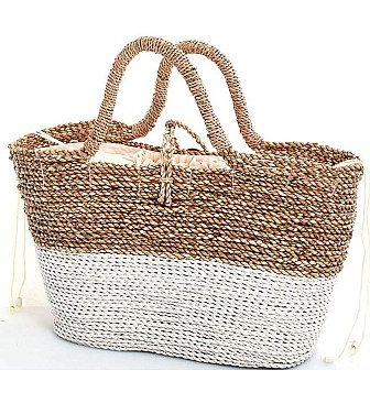 TWO TONE NATURAL FIBER WOVEN CHIC SHOPPER