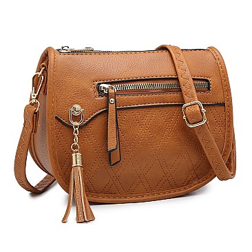 Embossed Quilt Saddle Crossbody Bag