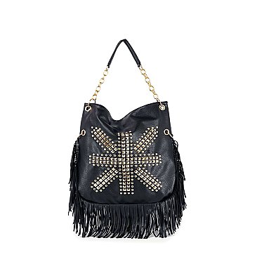 Studded Union Jack Design Fringed Hobo Handbag