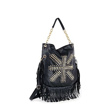 Studded Union Jack Design Fringed Hobo Handbag