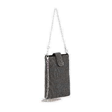 Top Flap Rhinestone Metal Mesh Cell Phone Crossbody