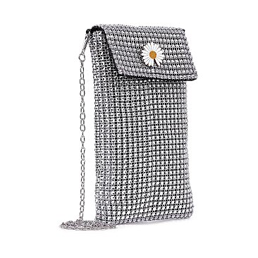 Metal Mesh Rhinestone Daisy Cell Phone Crossbody