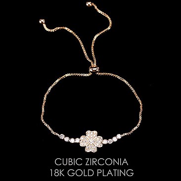 Stylish Plated Cubic Zirconia Slider Bracelet W/ Clover