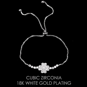 Stylish Plated Cubic Zirconia Slider Bracelet W/ Clover