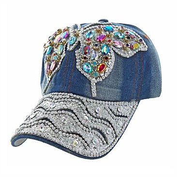 Butterfly Silver Trim Rhinestone Fashion Denim Cap MEZ907S