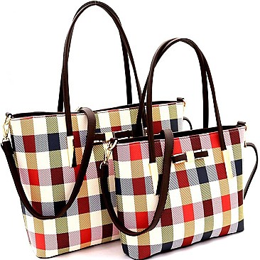 Multi-Color Checker Print Bow Accent Twin Tote SET MH-BG7002