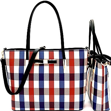 Multi-Color Checker Print Bow Accent Twin Tote SET MH-BG7002