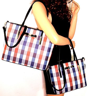 Multi-Color Checker Print Bow Accent Twin Tote SET MH-BG7002
