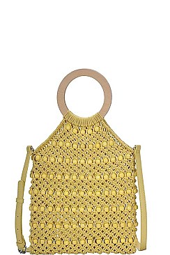 STRING WOVEN SHOULDER TOTE BAG WITH WOODEN BANGLE HANDLE