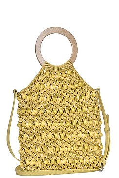 STRING WOVEN SHOULDER TOTE BAG WITH WOODEN BANGLE HANDLE