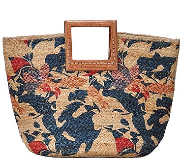 ARTSY FLOWER PRINT NATURAL WOVEN SATCHEL BAG