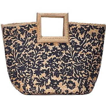 ARTSY FLOWER PRINT NATURAL WOVEN SATCHEL BAG