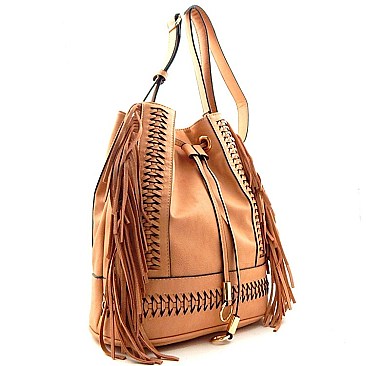 Leather Fringe Side Drawstring Messenger