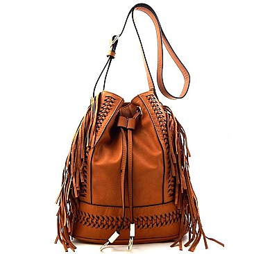 Leather Fringe Side Drawstring Messenger