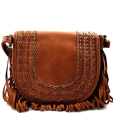 Braided Accent Leather Fringed Round Flap Top Messenger