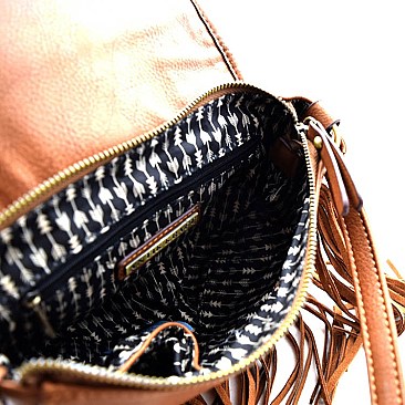 Braided Accent Leather Fringed Round Flap Top Messenger