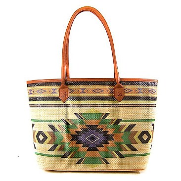 Geometric Stripe Print Straw Bag