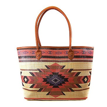 Geometric Stripe Print Straw Bag