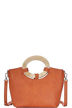 NATURAL WOVEN HANDLE SATCHEL WITH LONG STRAP